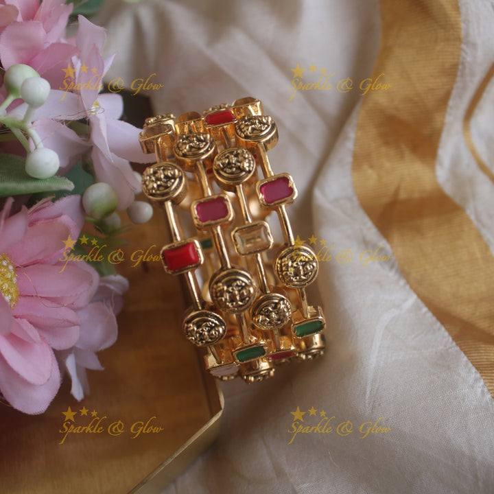 Stunning Lakshmi rectangle stone bangles with ruby emerald, two pairs