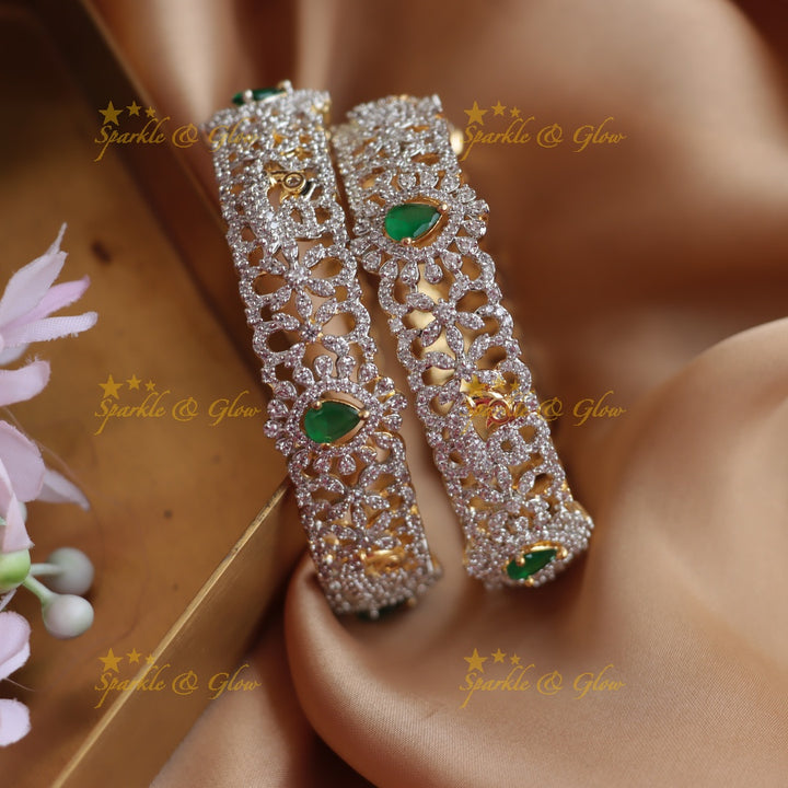 Statement floral peacock design american diamond bangles with ruby Emerald stones a pair