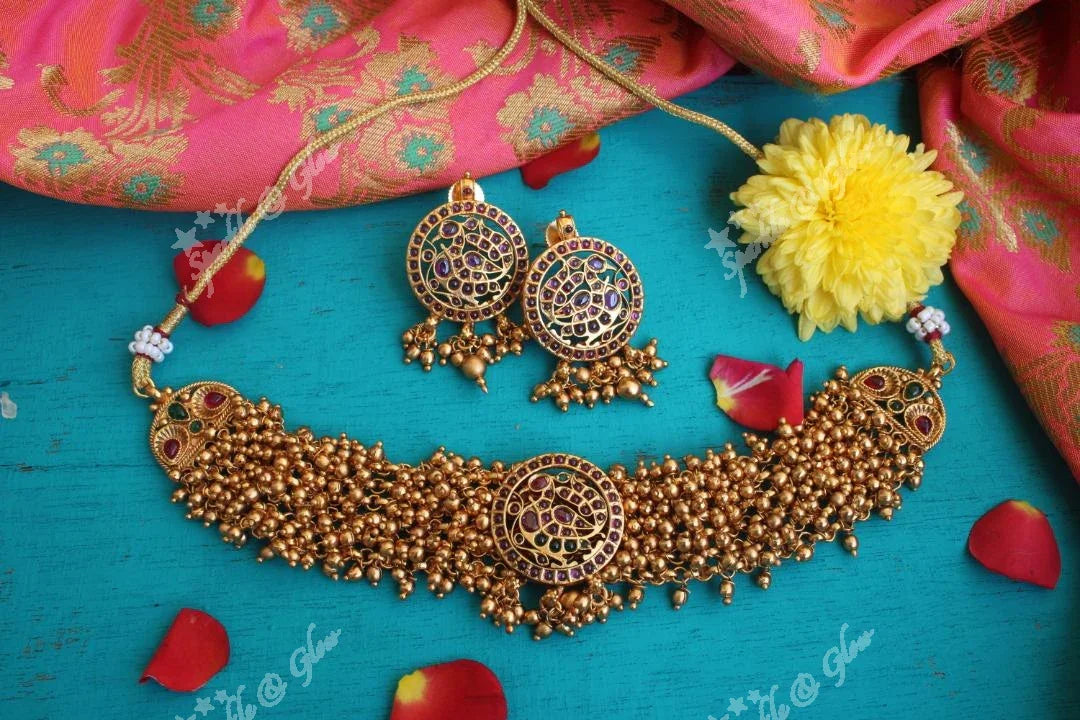 Elegant pearl cluster peacock high neck choker - Sparkle and Glow