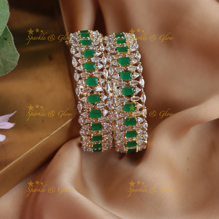Stunning Rectangle stone american diamond bangles with emerald stones a pair,  2.4