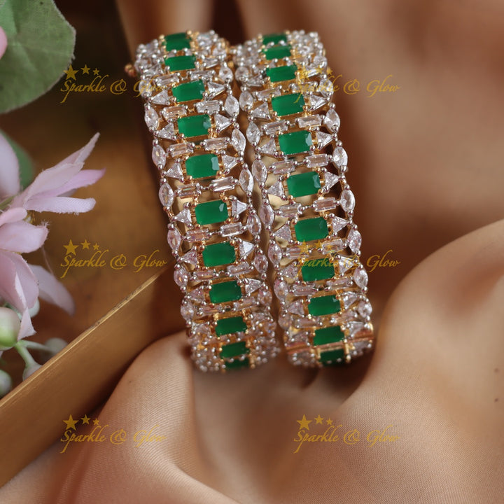 Stunning Rectangle stone american diamond bangles with emerald stones a pair,  2.4