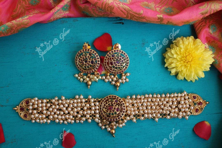 Elegant pearl cluster peacock high neck choker - Sparkle and Glow