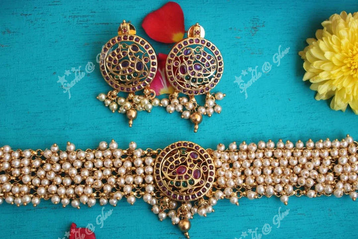 Elegant pearl cluster peacock high neck choker - Sparkle and Glow