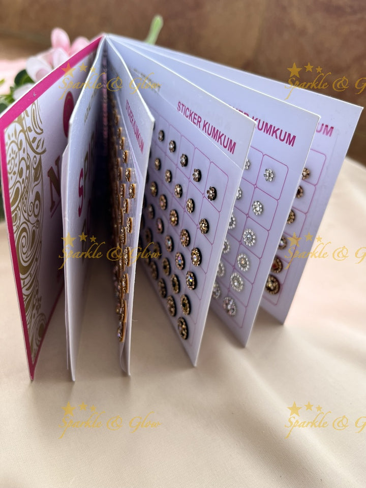 Navya round shape stone silver and gold design bindi with different size in spiral book in assorted colours