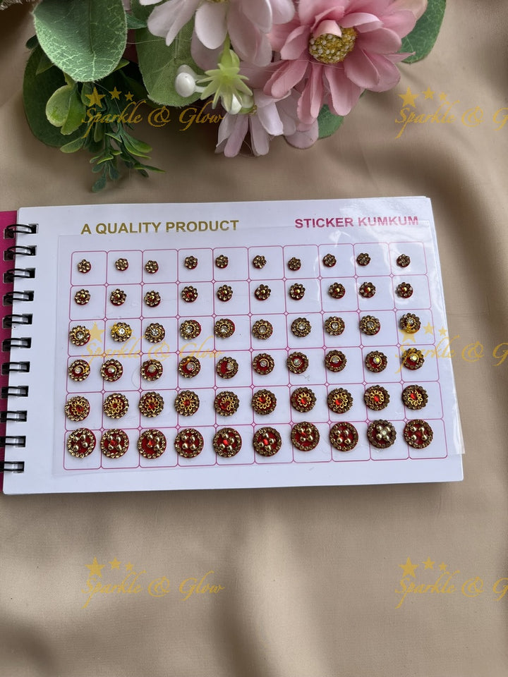 Navya round shape stone silver and gold design bindi with different size in spiral book in assorted colours