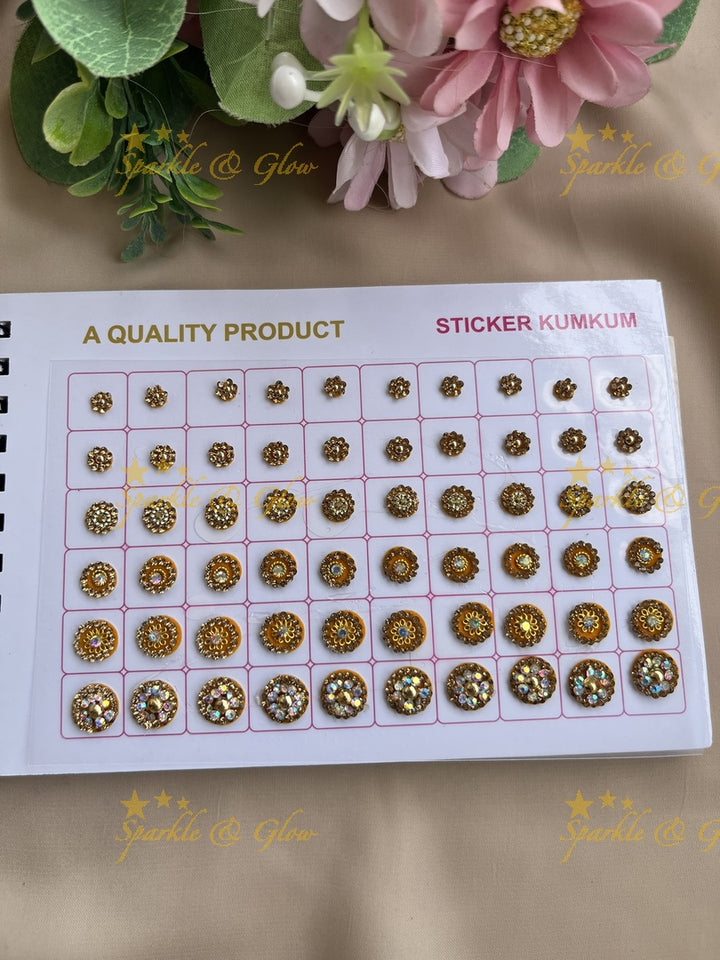 Navya round shape stone silver and gold design bindi with different size in spiral book in assorted colours