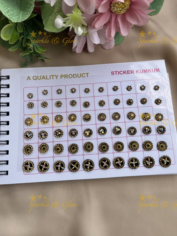 Navya round shape stone silver and gold design bindi with different size in spiral book in assorted colours