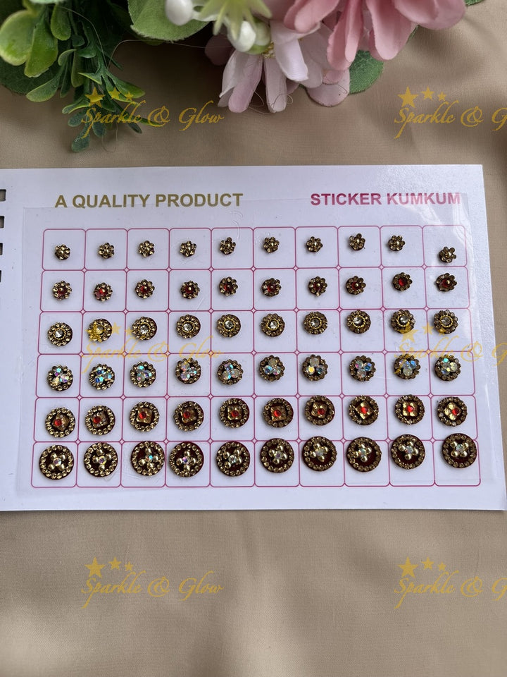 Navya round shape stone silver and gold design bindi with different size in spiral book in assorted colours