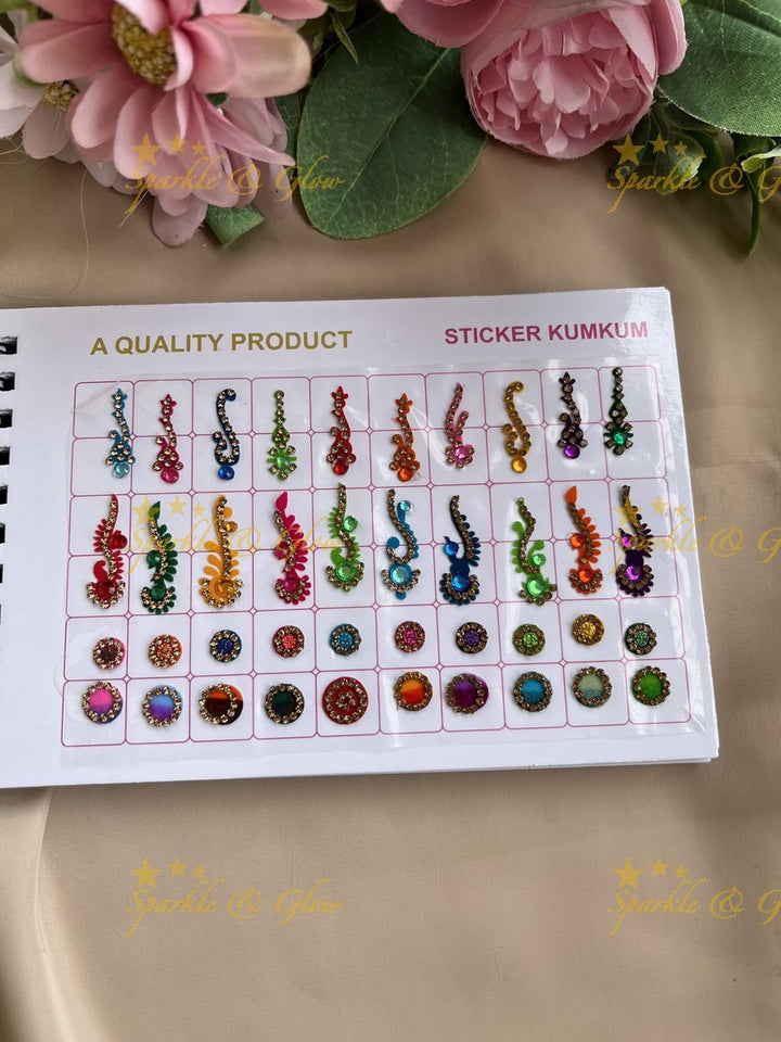 Navya different shape stone and design bindi with different size in spiral book in assorted colours