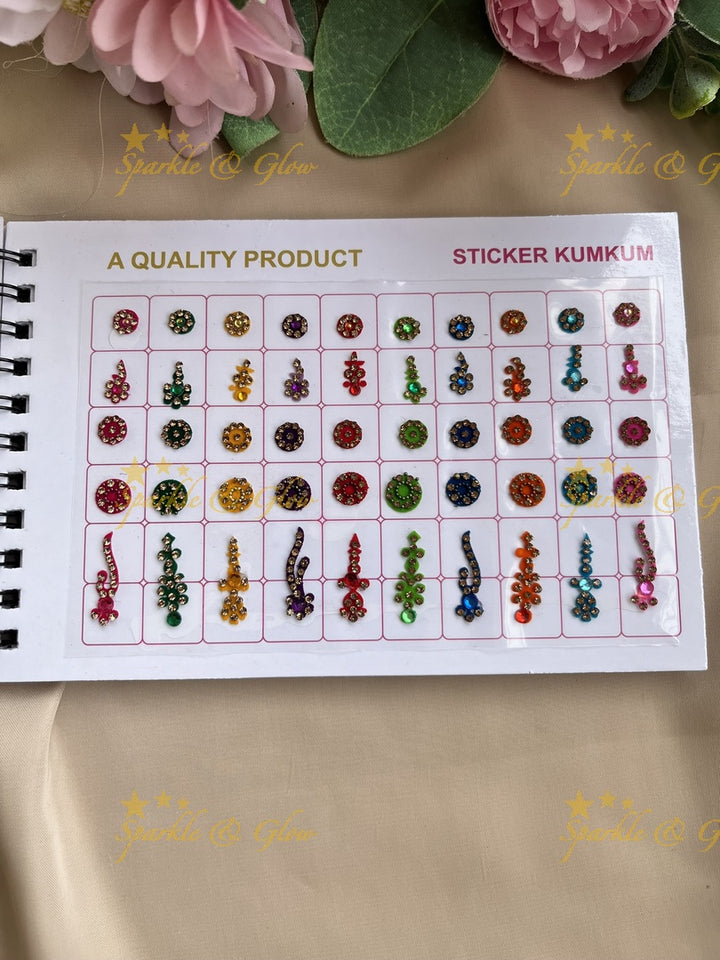 Navya different shape stone and design bindi with different size in spiral book in assorted colours