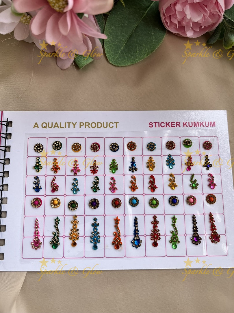 Navya different shape stone and design bindi with different size in spiral book in assorted colours