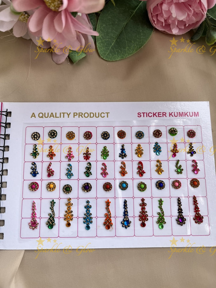 Navya different shape stone and design bindi with different size in spiral book in assorted colours
