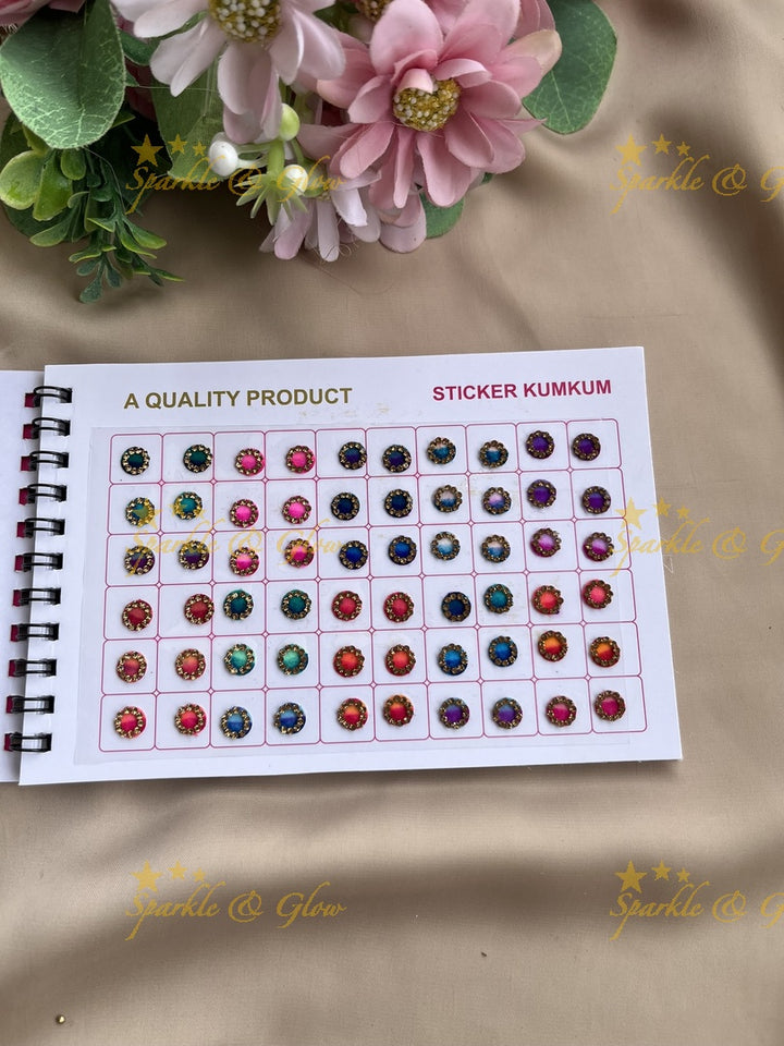 Navya round 3D design stone bindi with different size in spiral book in assorted colours