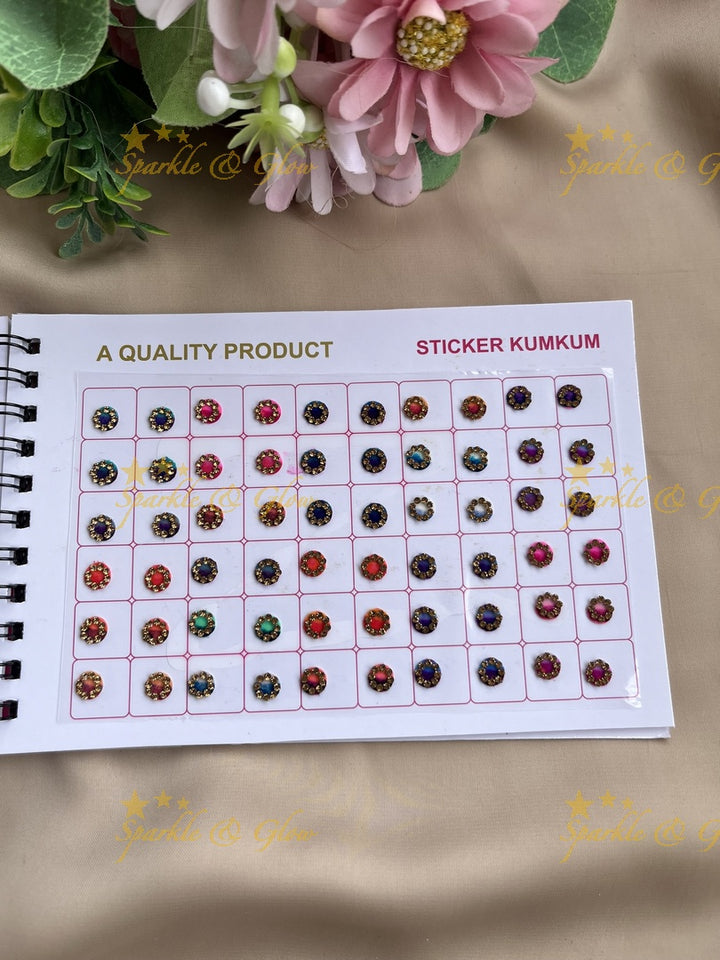 Navya round 3D design stone bindi with different size in spiral book in assorted colours