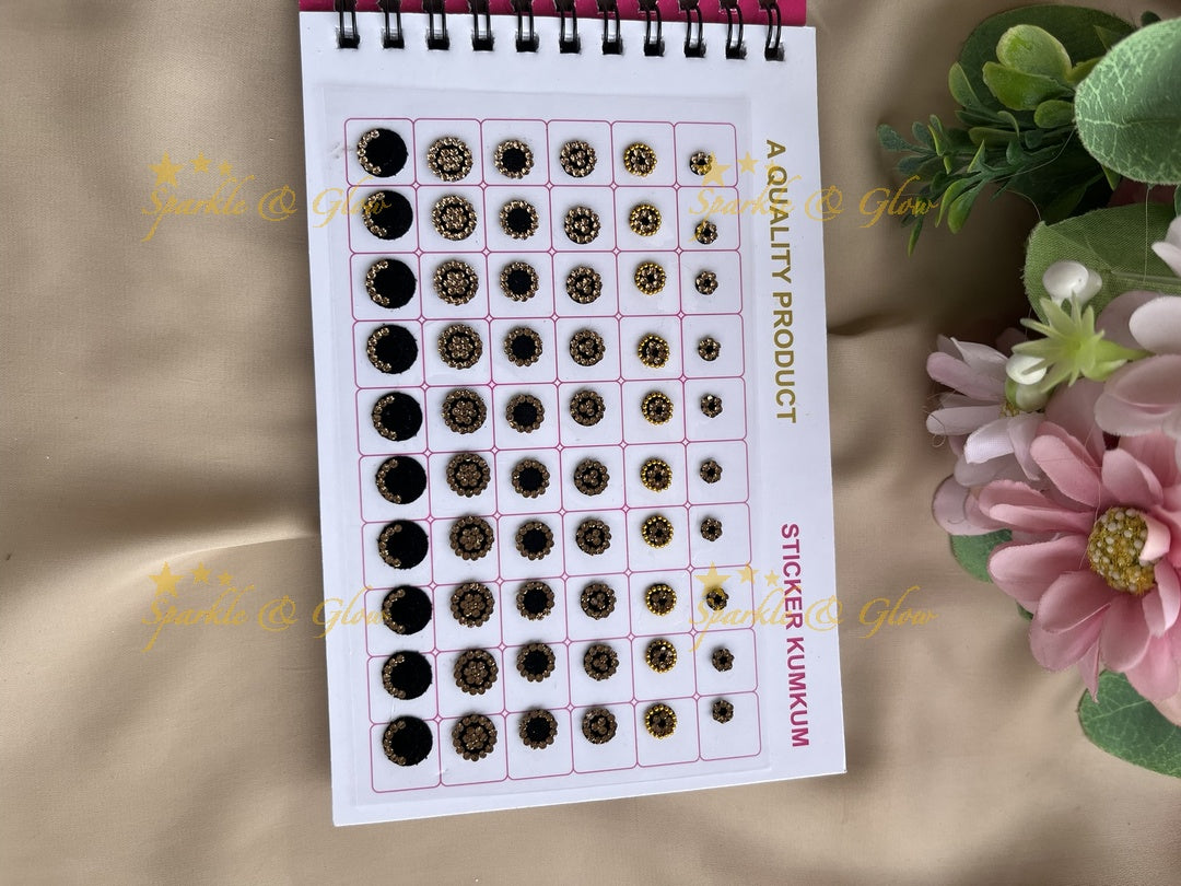 Navya stone silver and gold design black bindi with different shape and size in spiral book