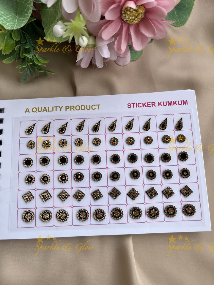Navya stone silver and gold design black bindi with different shape and size in spiral book