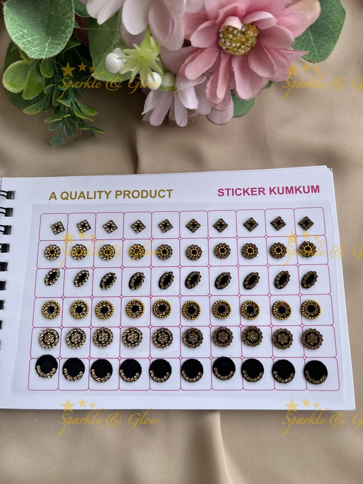 Navya stone silver and gold design black bindi with different shape and size in spiral book