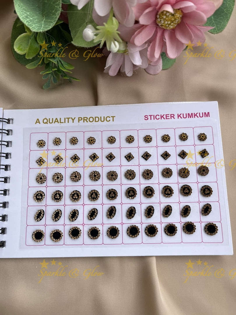 Navya stone silver and gold design black bindi with different shape and size in spiral book