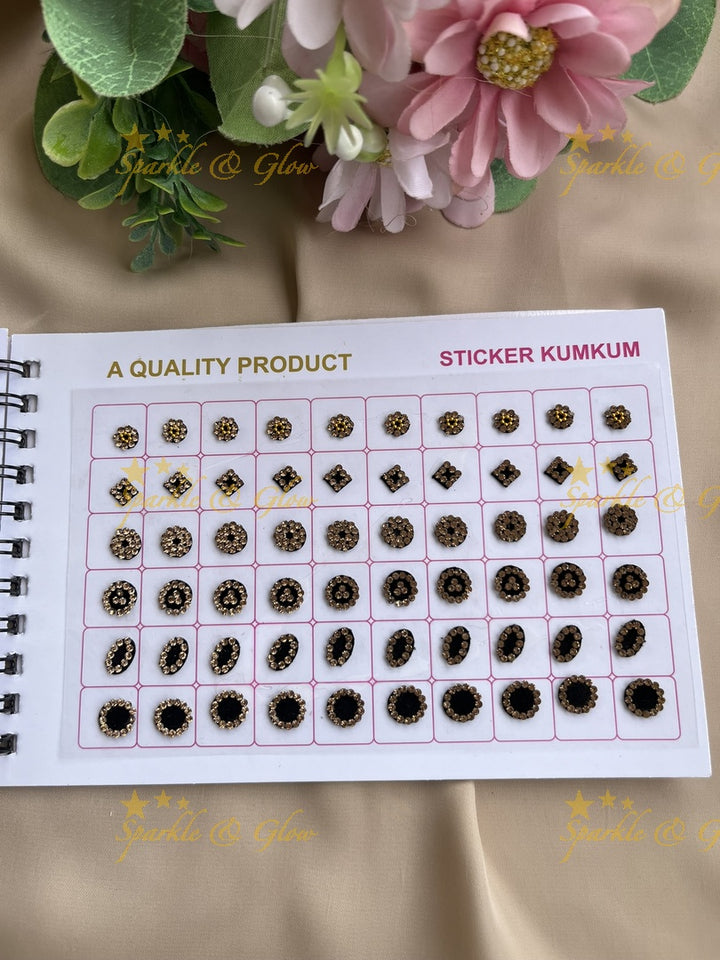 Navya stone silver and gold design black bindi with different shape and size in spiral book