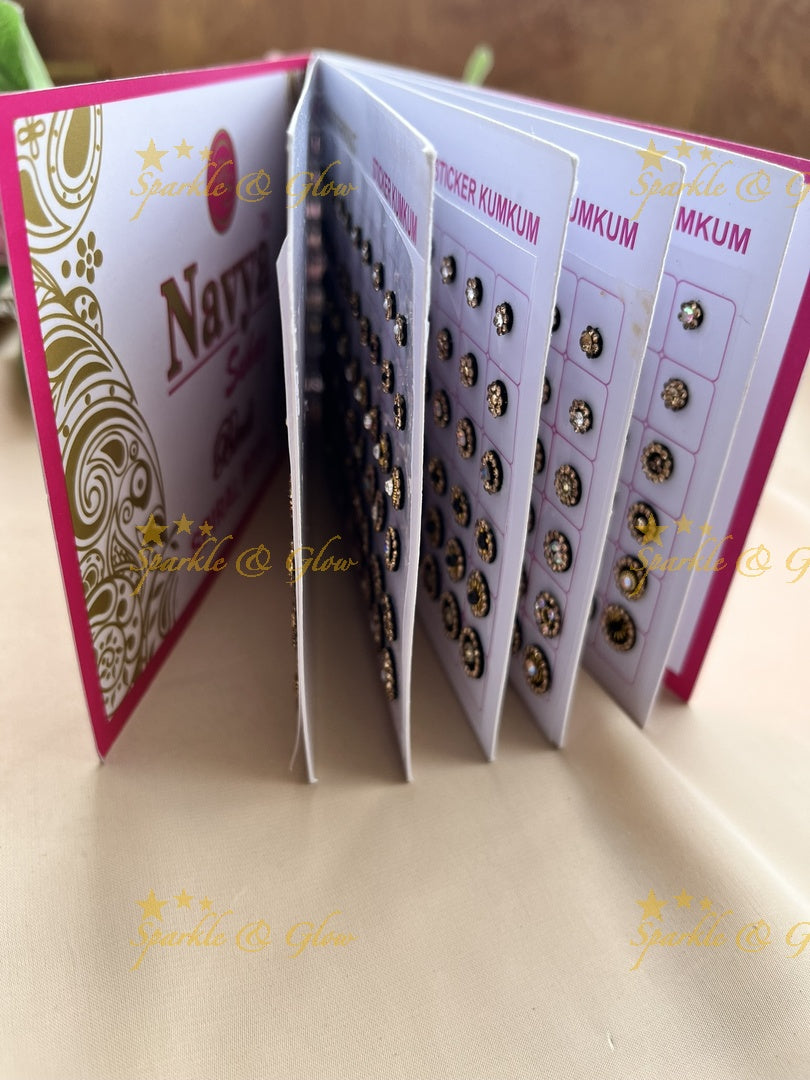 Navya round stone silver and gold design black bindi with different size in spiral book