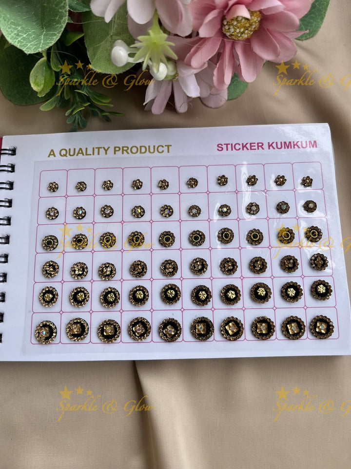 Navya round stone silver and gold design black bindi with different size in spiral book