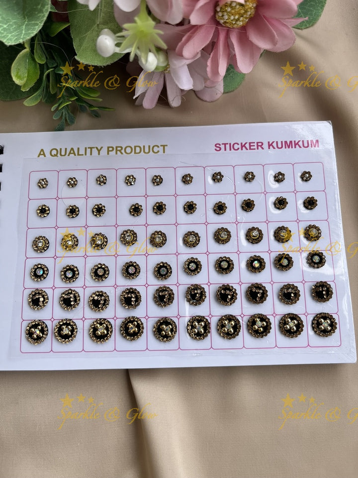 Navya round stone silver and gold design black bindi with different size in spiral book