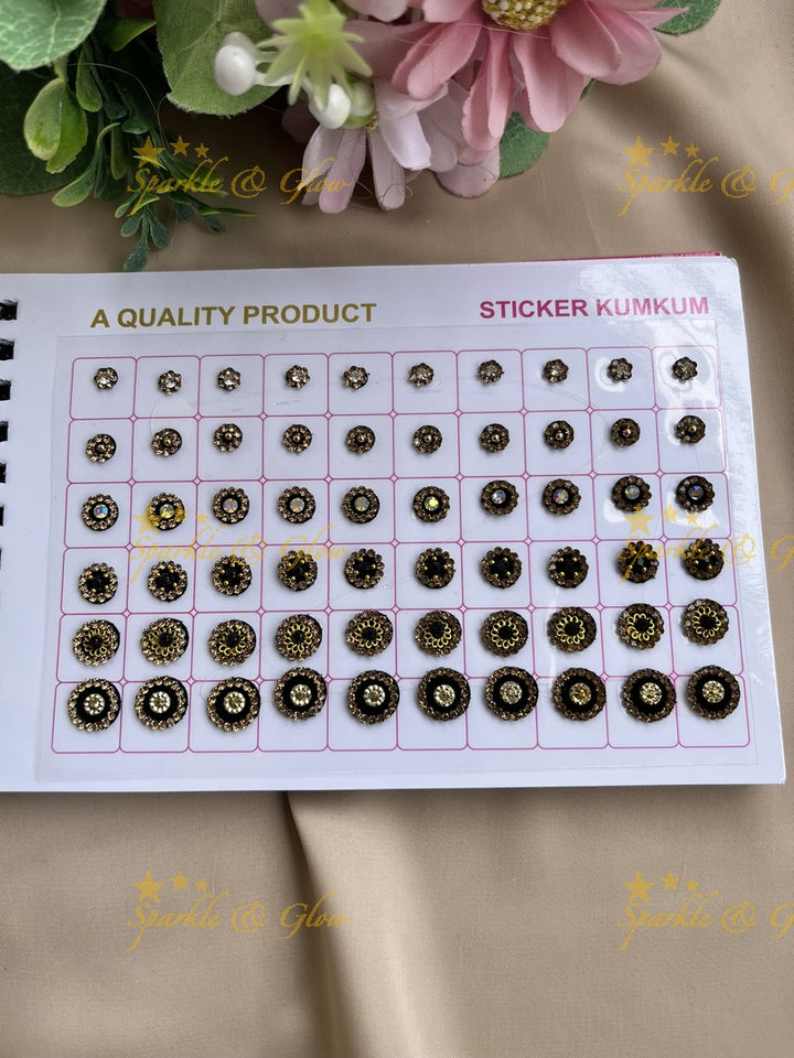 Navya round stone silver and gold design black bindi with different size in spiral book