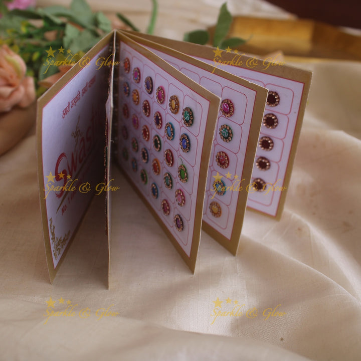 Swastik round stone 3D design and plain bindi with single size in spiral book in assorted colours - Sparkle and Glow