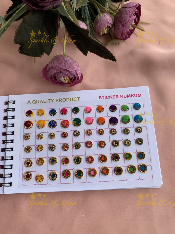 Navya stone and kundan bindi with different shape and size in spiral book in assorted colours