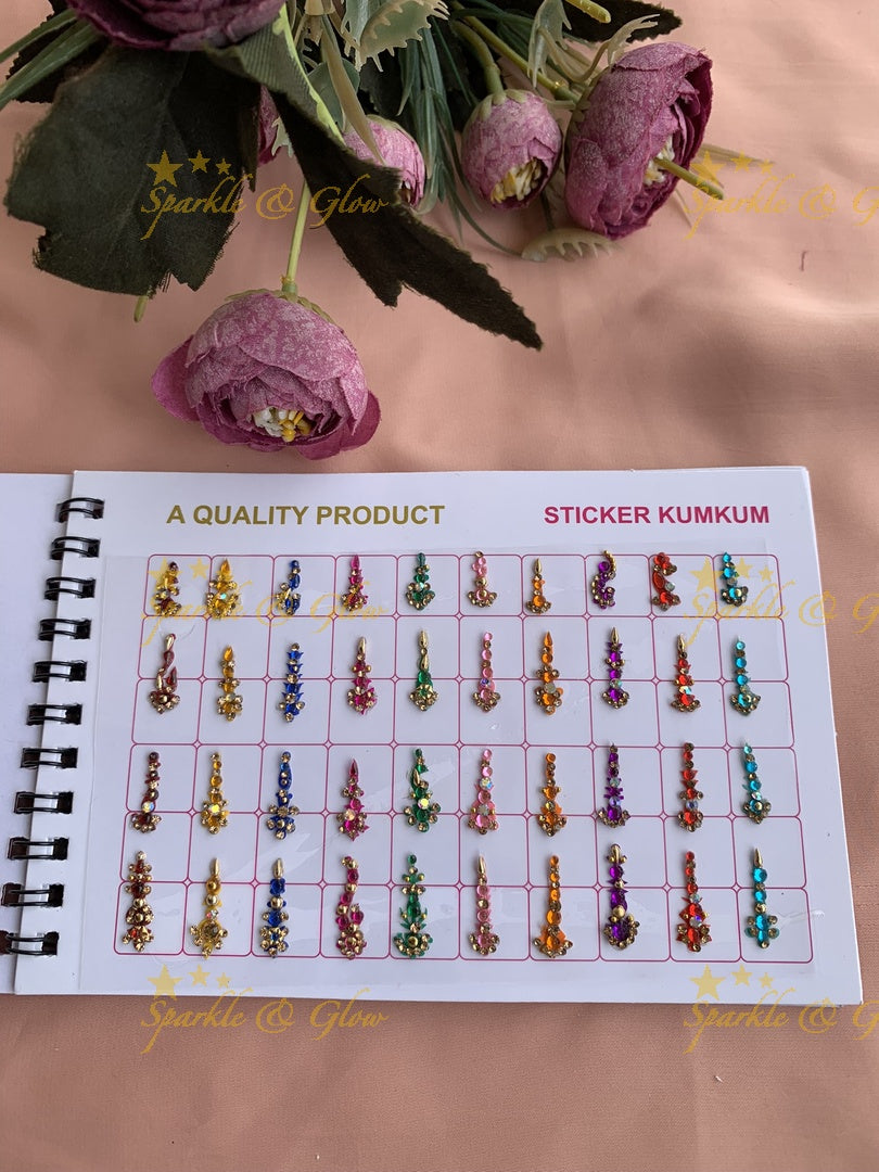 Navya stone and kundan bindi with different shape and size in spiral book in assorted colours