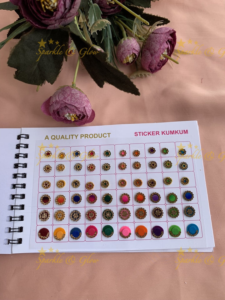 Navya stone and kundan bindi with different shape and size in spiral book in assorted colours