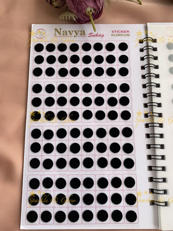 Navya round black bindi with different size in spiral book