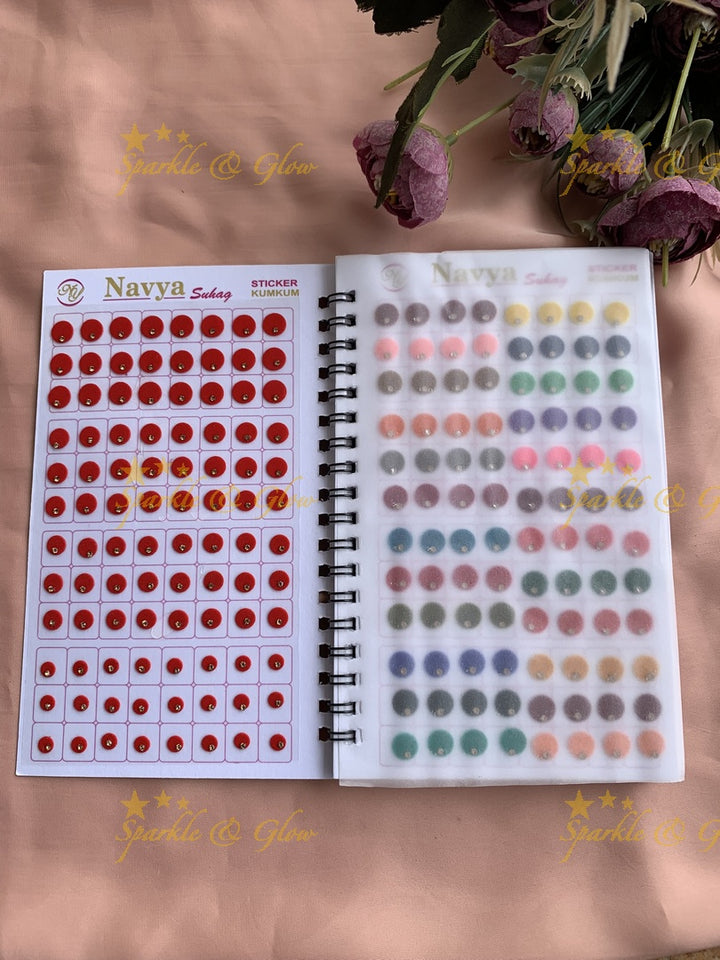 Navya single stone round bindi with different size in spiral book in assorted colours