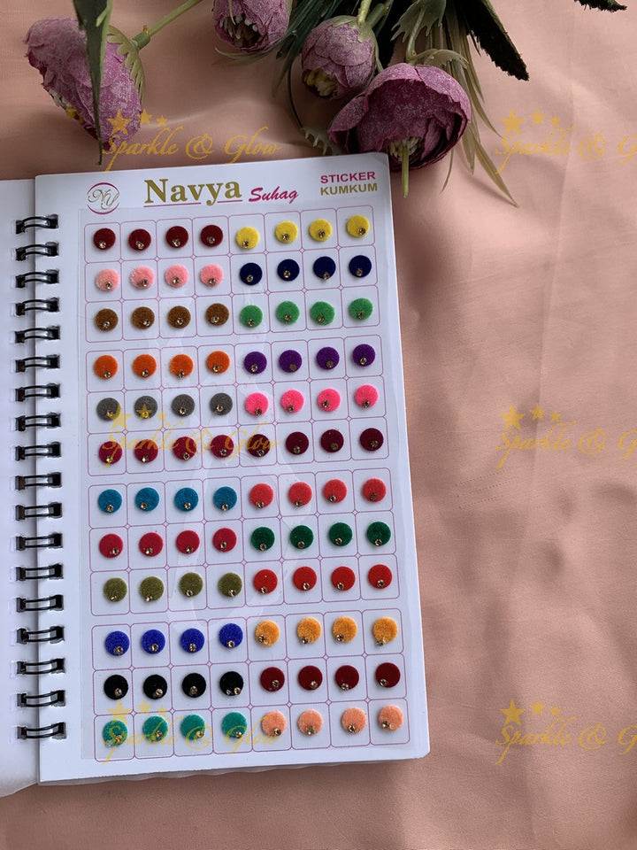 Navya single stone round bindi with different size in spiral book in assorted colours