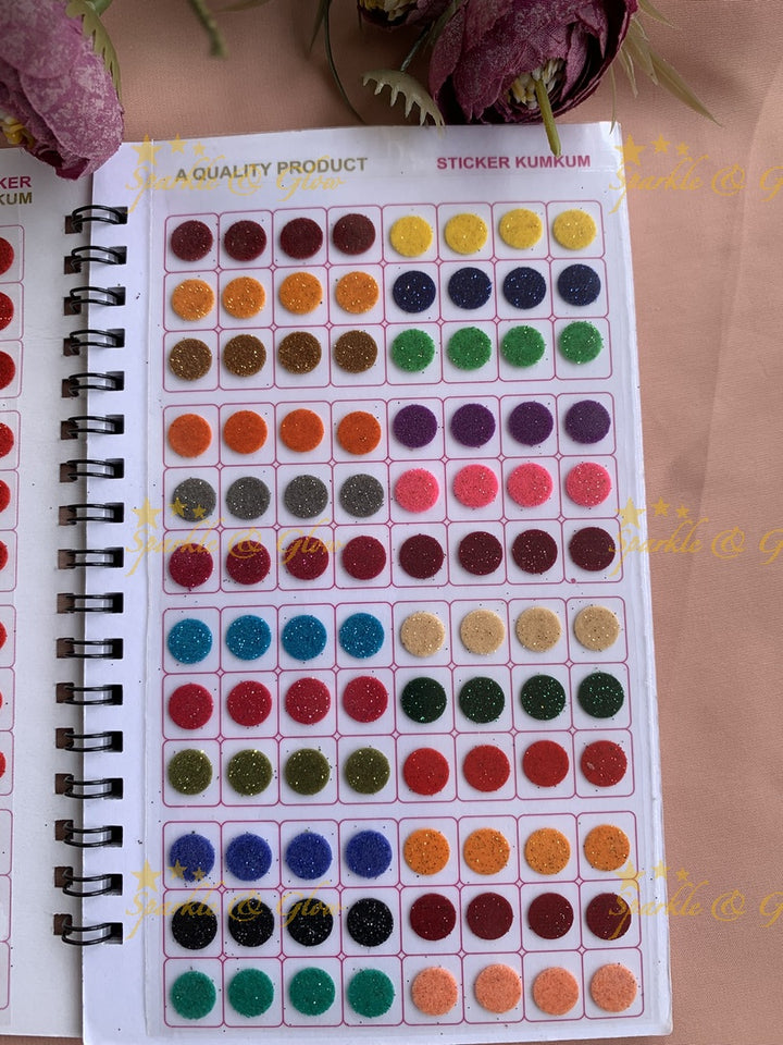 Navya round bindi with glitter with different size in spiral book in assorted colours