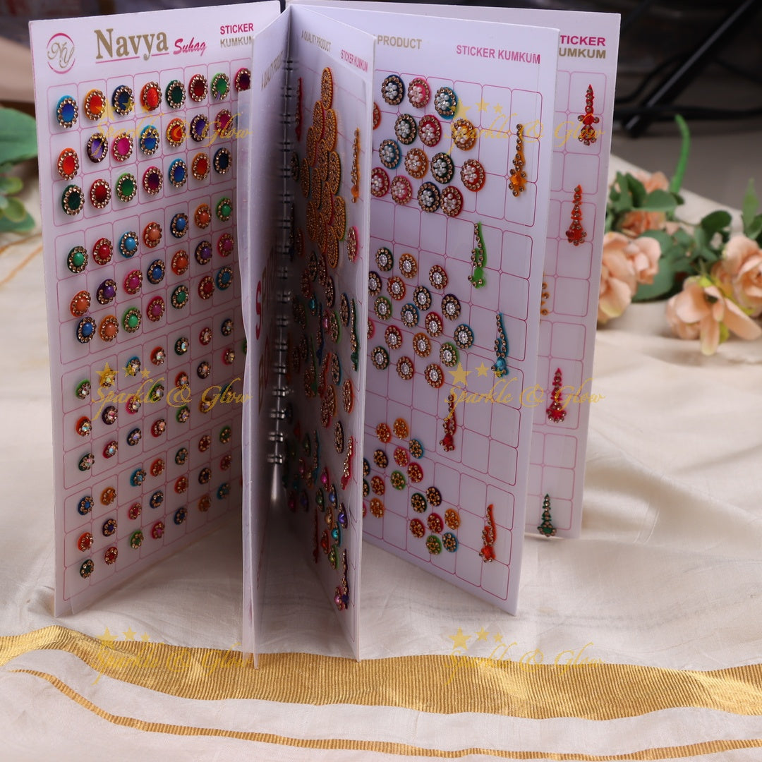 Navya stone silver and gold design bridal bindi with different shape and size in spiral book in assorted colours