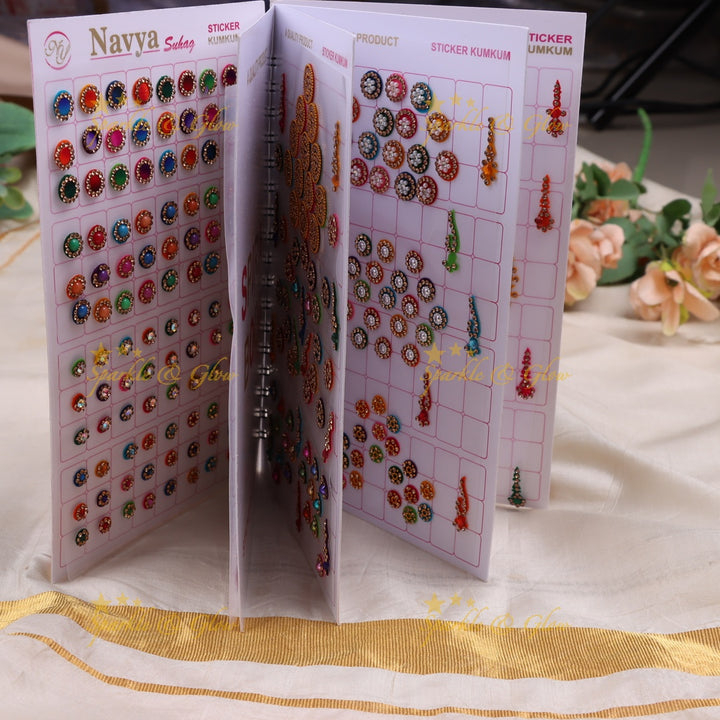 Navya stone silver and gold design bridal bindi with different shape and size in spiral book in assorted colours
