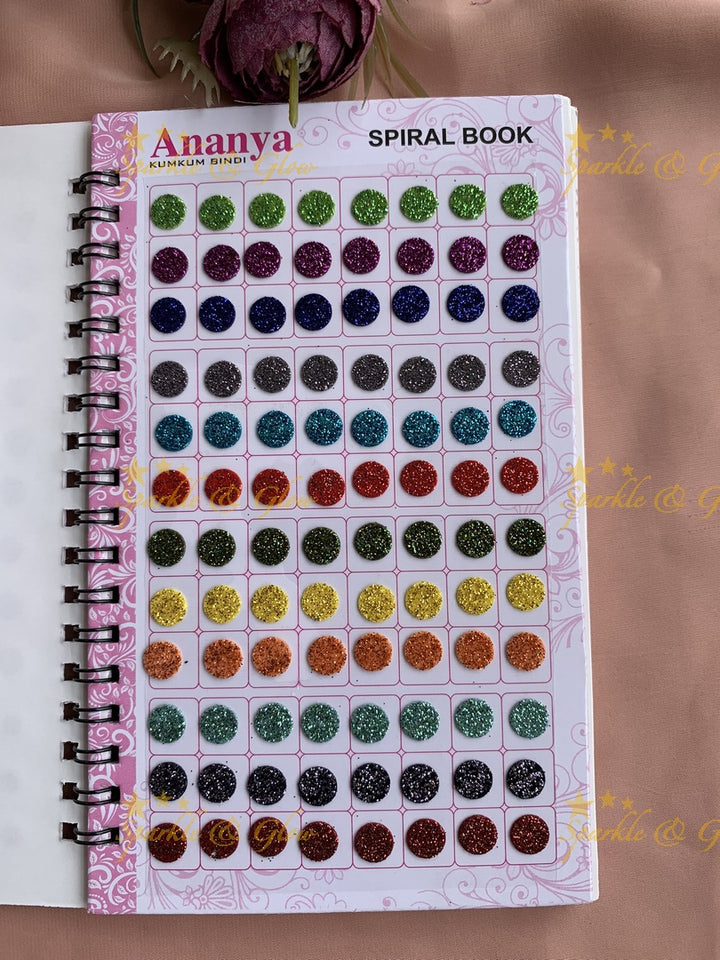 Ananya round bindi with glitter with different size in spiral book in assorted colours