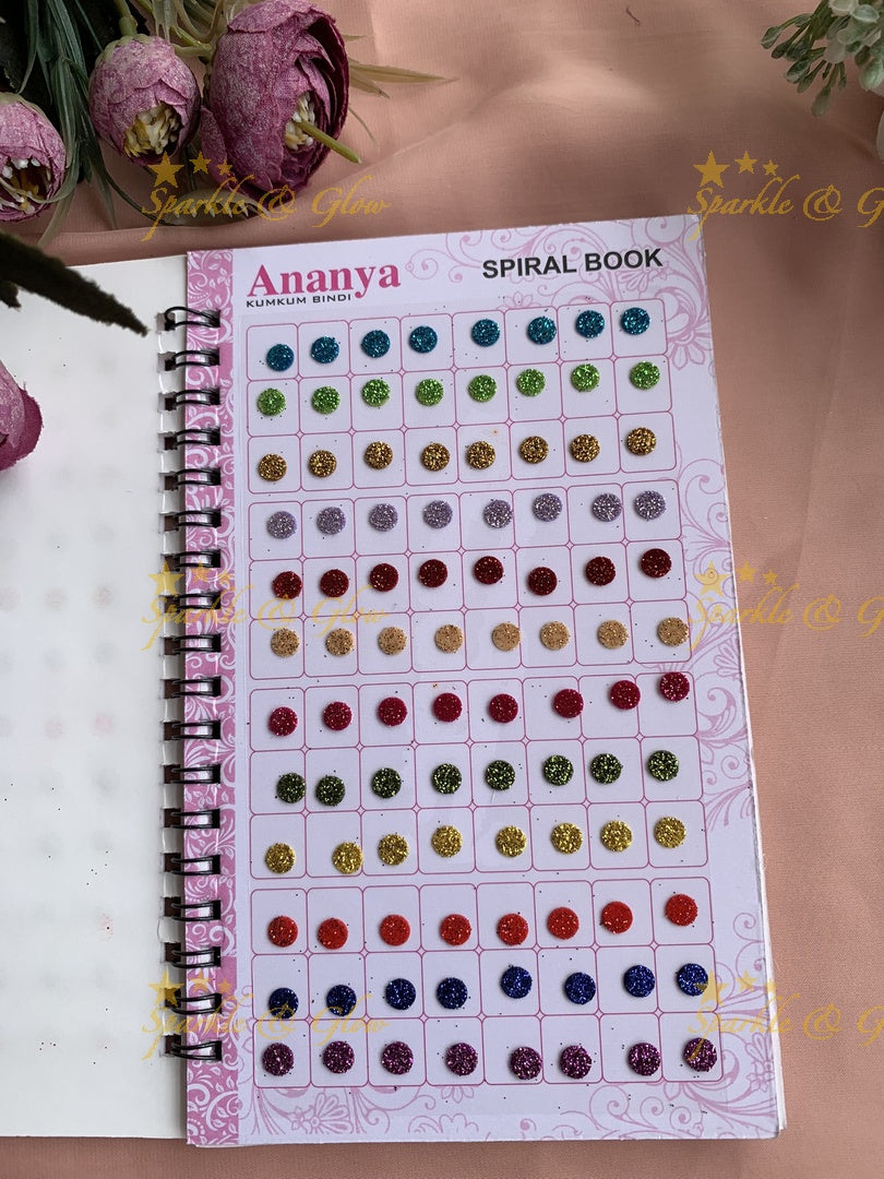 Ananya small round bindi with glitter with different size in spiral book in assorted colours