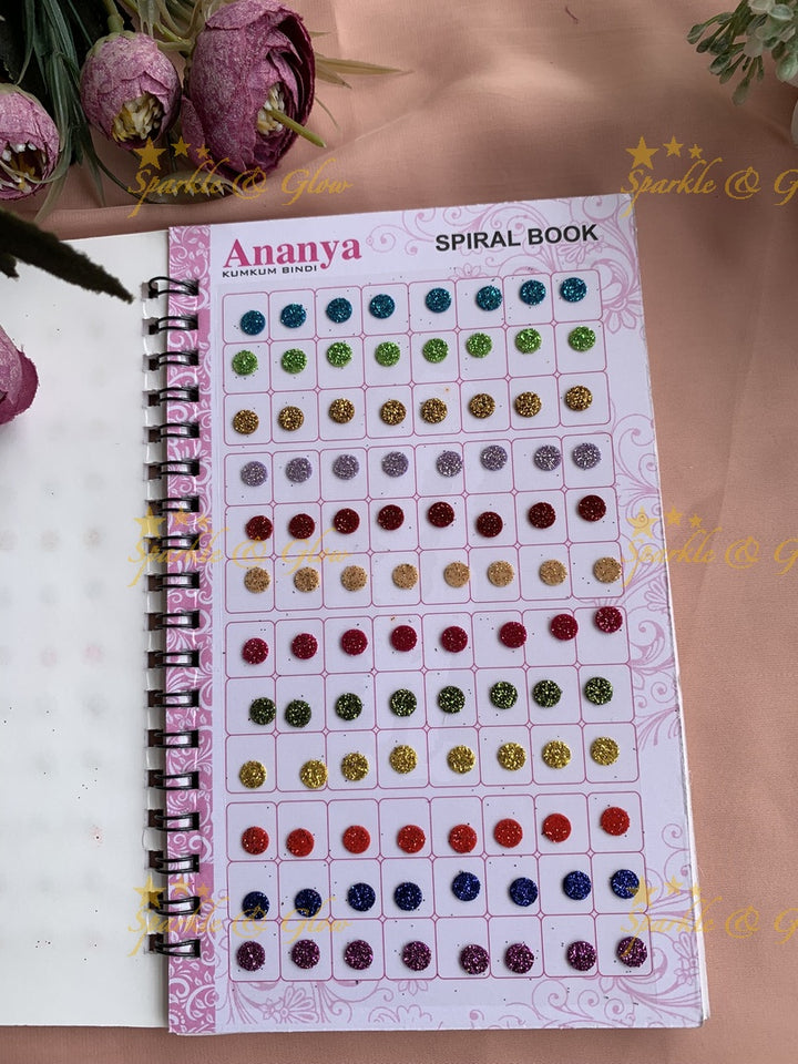 Ananya small round bindi with glitter with different size in spiral book in assorted colours