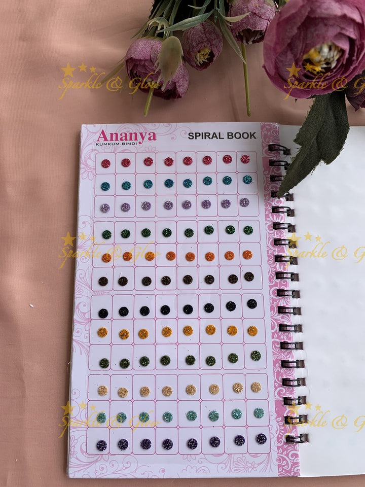 Ananya small round bindi with glitter with different size in spiral book in assorted colours