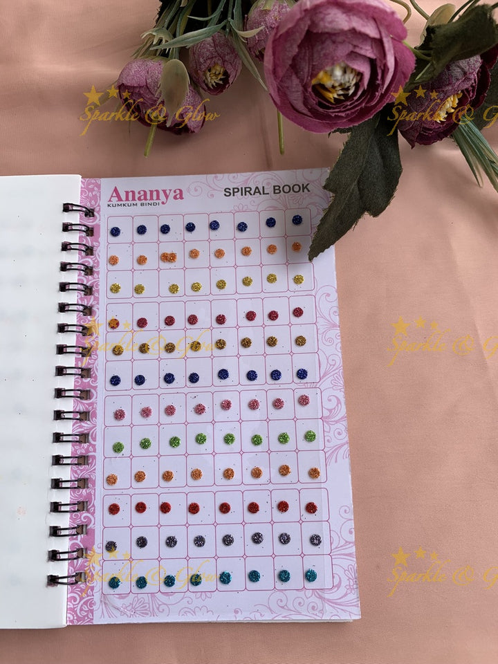 Ananya small round bindi with glitter with different size in spiral book in assorted colours