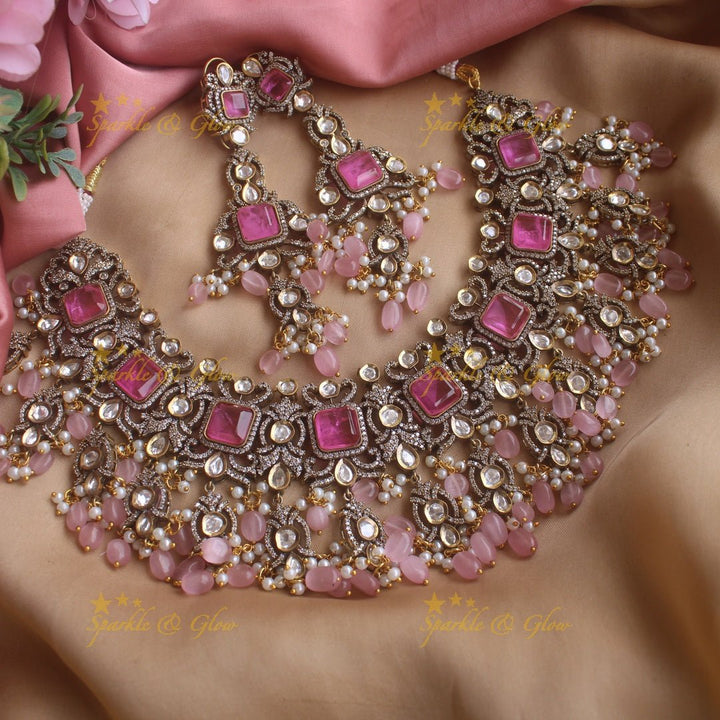 Goegeous Floral design victorian AD short necklace with stones and beads - mint green - Sparkle and Glow - Babypink - Back Thread