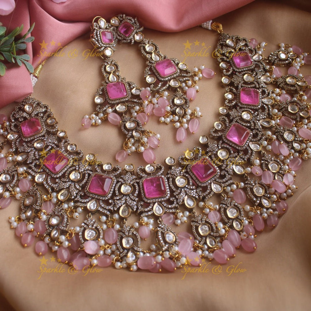 Goegeous Floral design victorian AD short necklace with stones and beads - mint green - Sparkle and Glow - Babypink - Back Thread
