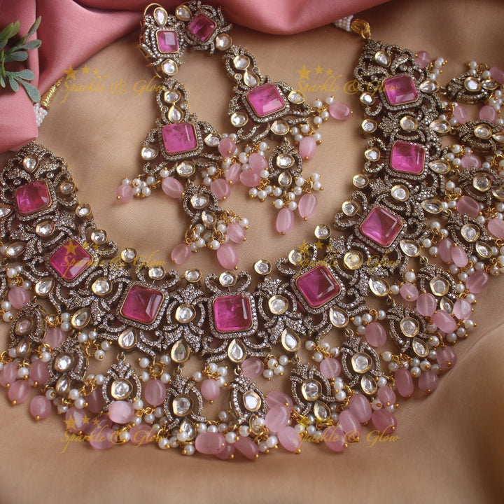 Goegeous Floral design victorian AD short necklace with stones and beads - mint green - Sparkle and Glow - Babypink - Back Thread