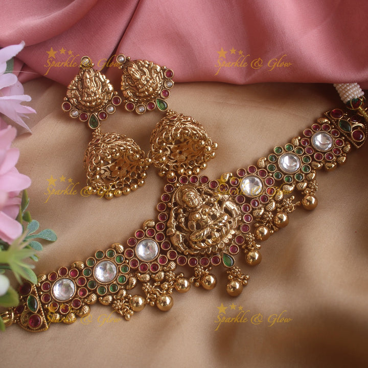Elegant Lakshmi Floral design choker with ruby emerald stones and mint green beads