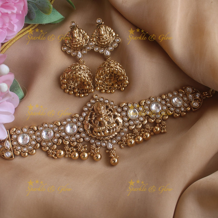 Elegant Lakshmi Floral design choker with ruby emerald stones and mint green beads