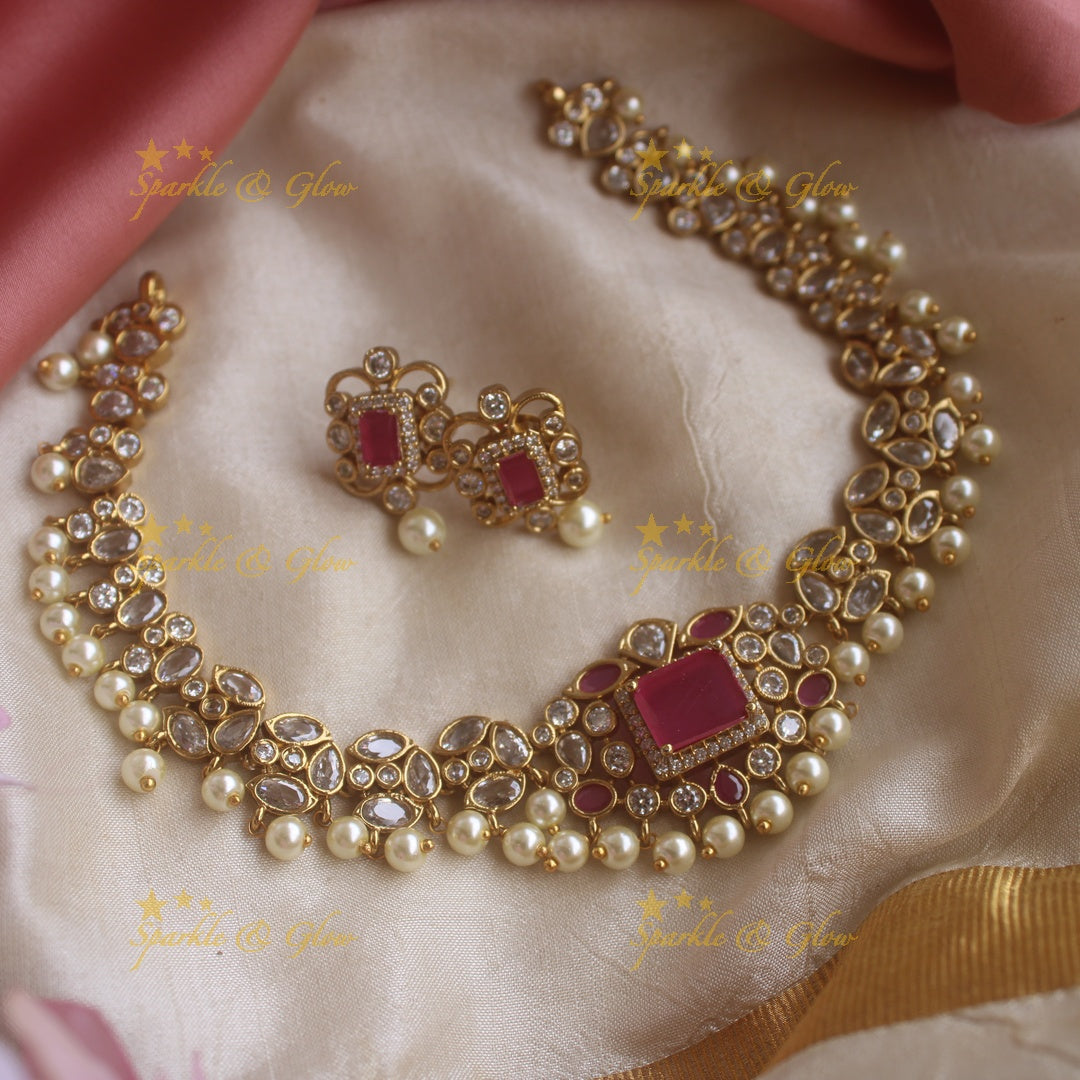 Stunning AD short necklace with ruby stones and pearl drops