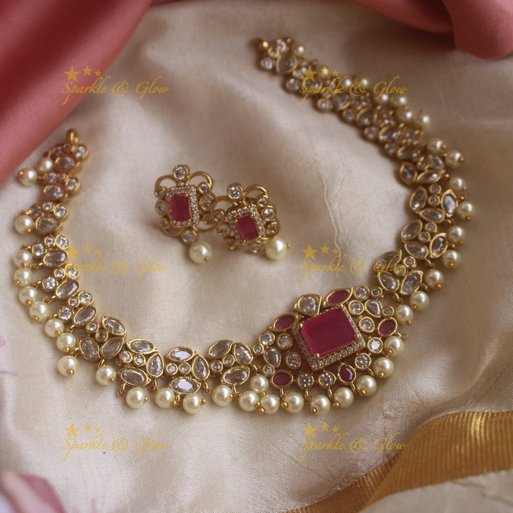 Stunning AD short necklace with ruby stones and pearl drops