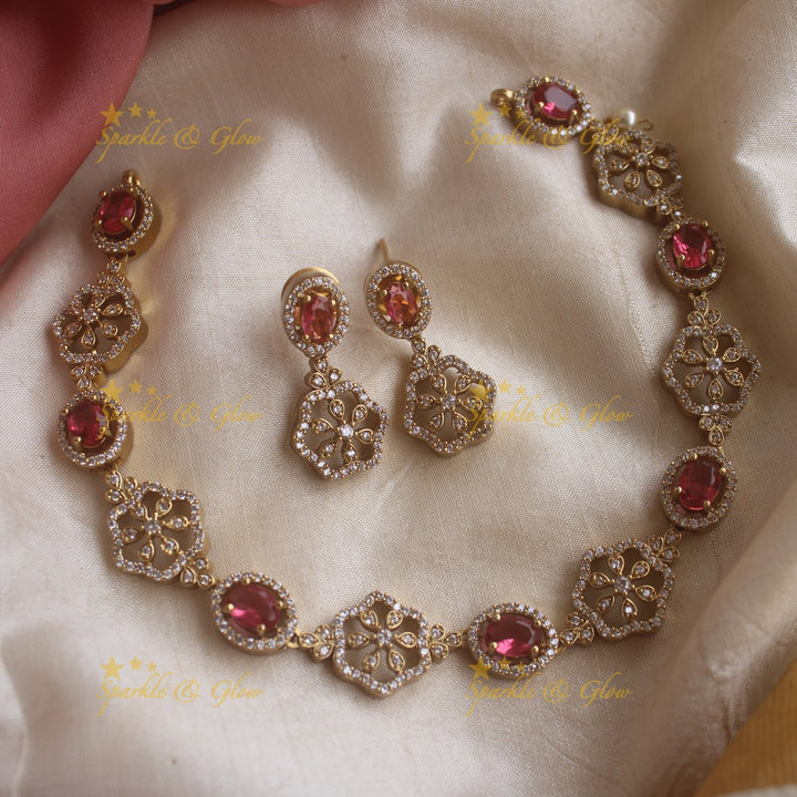 Beautiful Floral and oval ruby stone AD short necklace